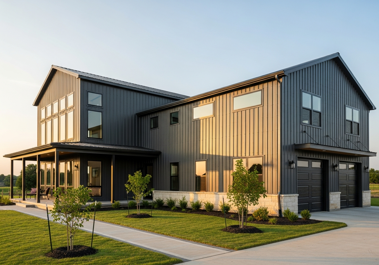 Modern barndominium-style metal building home with attached two-bay garage