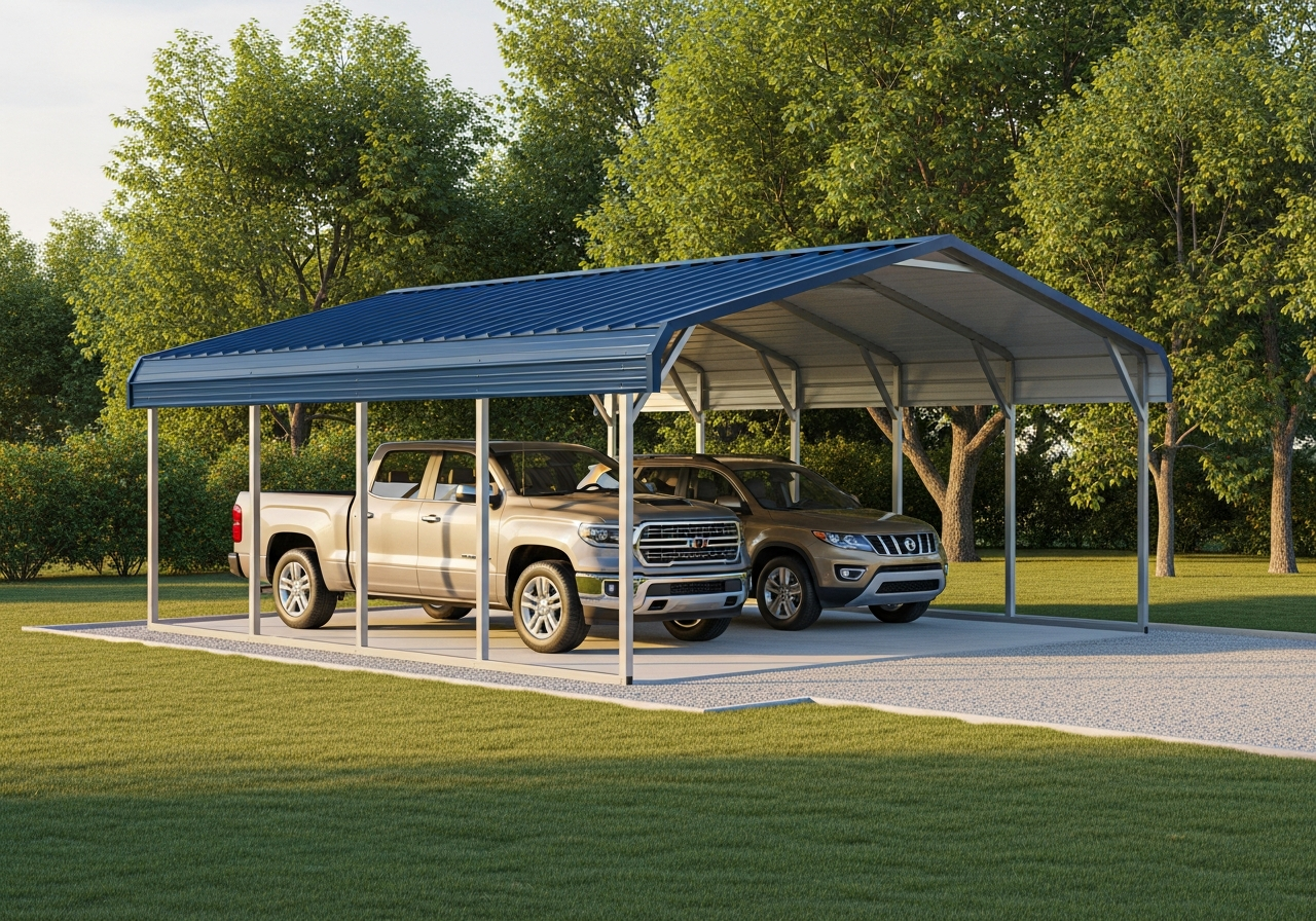 Steel carport covering a pickup truck and SUV