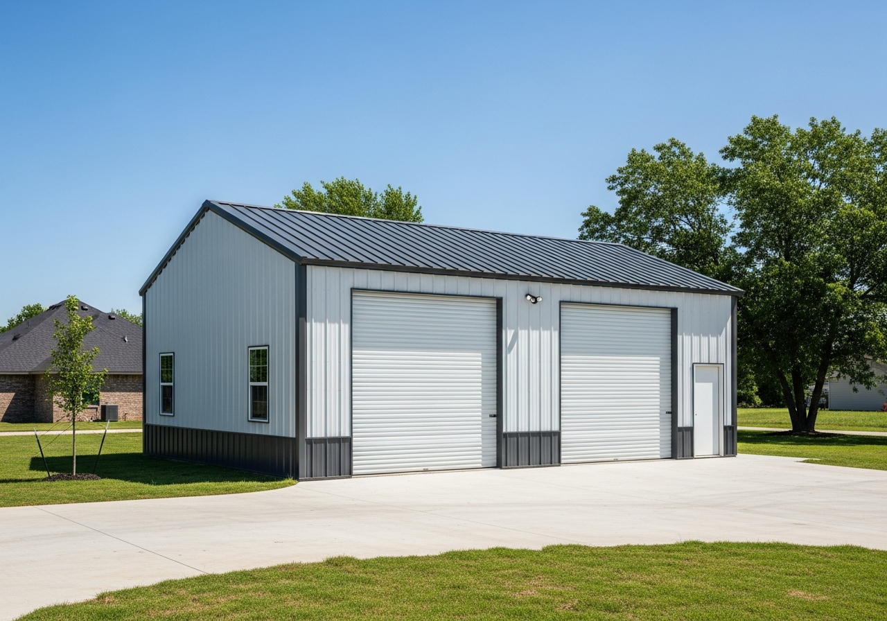 Finished white metal garage with two roll-up doors