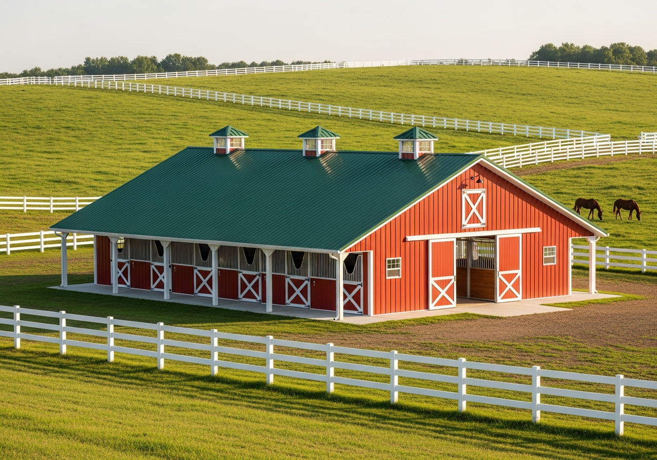 Red metal horse barn with green roof and white fence