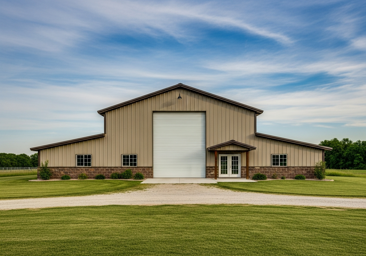 Tan steel workshop / barndominium on a rural property