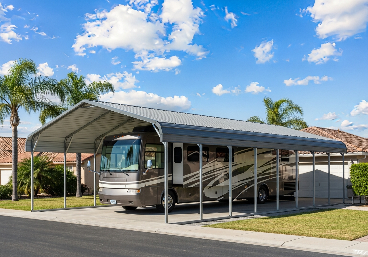 Tall steel RV carport sheltering a motorhome